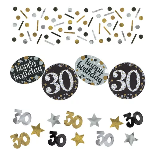Elegáns arany-fekete-ezüst 30 szülinapi konfetti