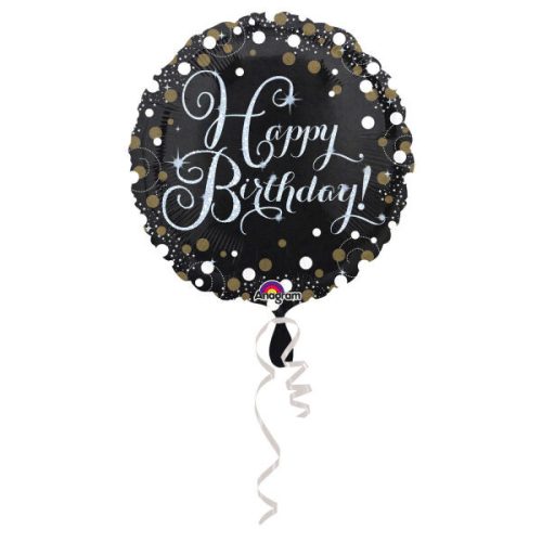 Fekete arany konfettis happy birthday fólia lufi