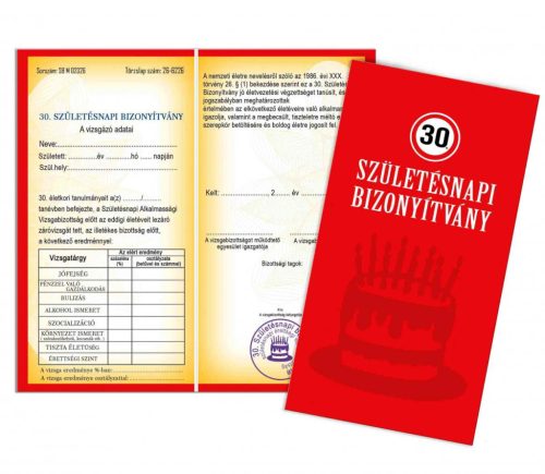 Piros 30. szülinapi bizonyítvány