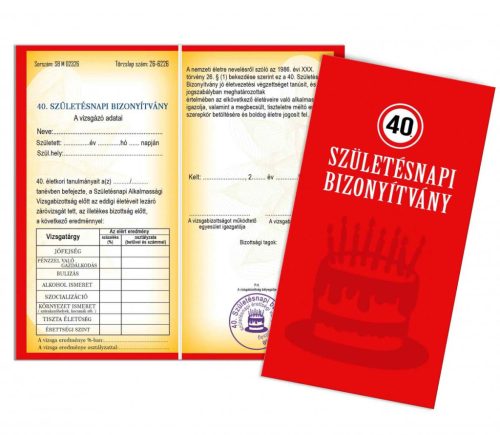 Piros 40. szülinapi bizonyítvány