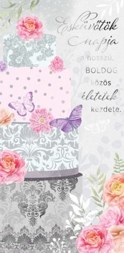 Ezüstös virágos-pillangós tortás esküvői képeslap