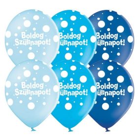   Kék árnyalatú pöttyös boldog szülinapot latex lufi 6 db