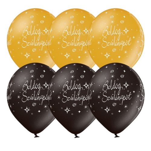 Fekete és arany boldog szülinapot latex lufi 6 db
