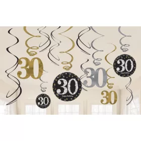   Elegáns arany-ezüst-fekete 30 szülinapi függő dekoráció 12 db