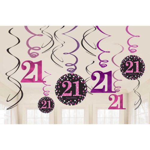 Fekete-pink 21 szülinapi függő dekoráció 12 db