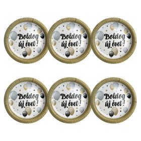 Arany-fekete boldog új évet papír tányér 6 db