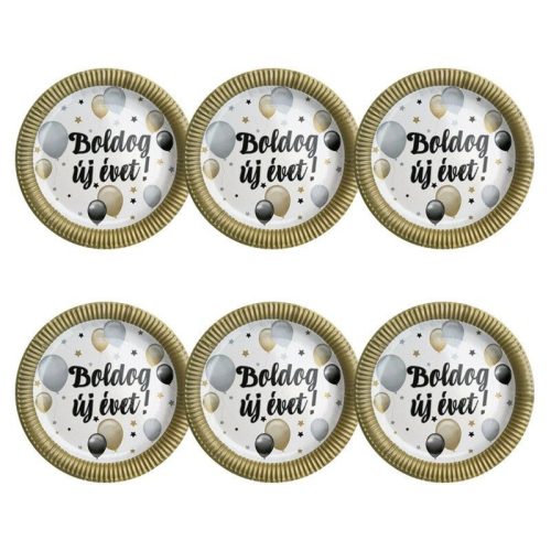 Arany-fekete boldog új évet papír tányér 6 db