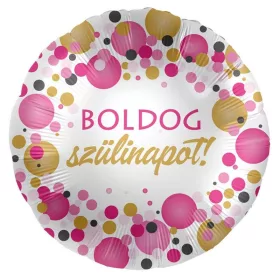 Rózsaszín-arany pöttyös boldog szülinapot fólia lufi