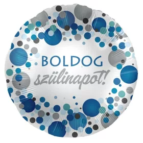 Kék-ezüst pöttyös boldog szülinapot fólia lufi