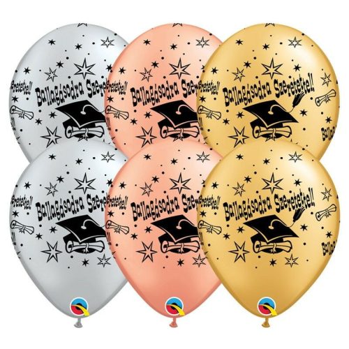 Ezüst-rose gold-arany ballagásodra szeretettel diplomaosztó kalapos latex lufi 6 db