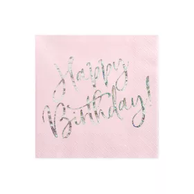 Rózsaszín-ezüst happy birthday szalvéta 20 db
