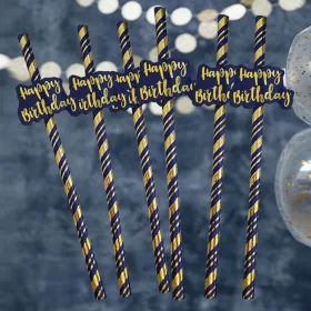 Kék-arany happy birthday papír szívószál 6 db