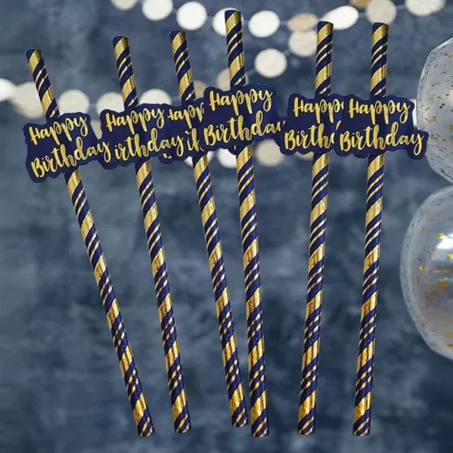Kék-arany happy birthday papír szívószál 6 db